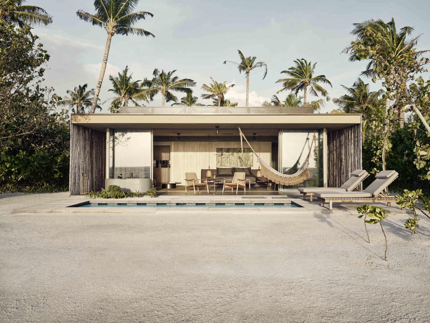 Пляжная вилла с бассейном и видом на закат отеля PATINA MALDIVES FARI ISLANDS Пляжная вилла с бассейном и видом на закат